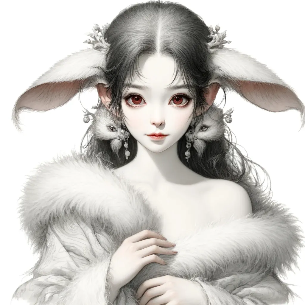 Please do not change the original color and position, add the effect of rabbit ears twitch to the picture, ink painting style，Don't put your hand through the picture