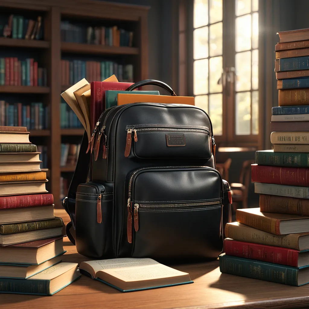 a black backpack sitting on top of a table next to a pile of books