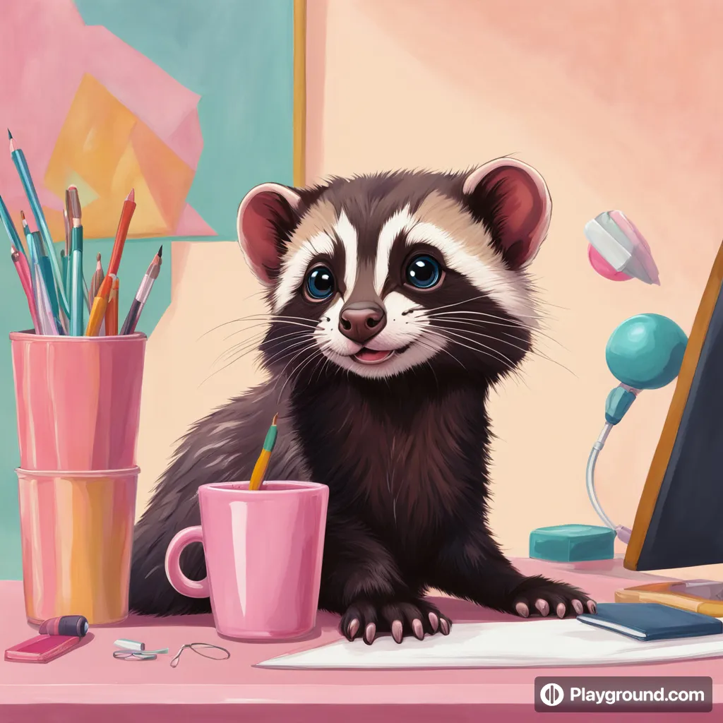 a painting of a raccoon sitting at a desk with a cup of coffee