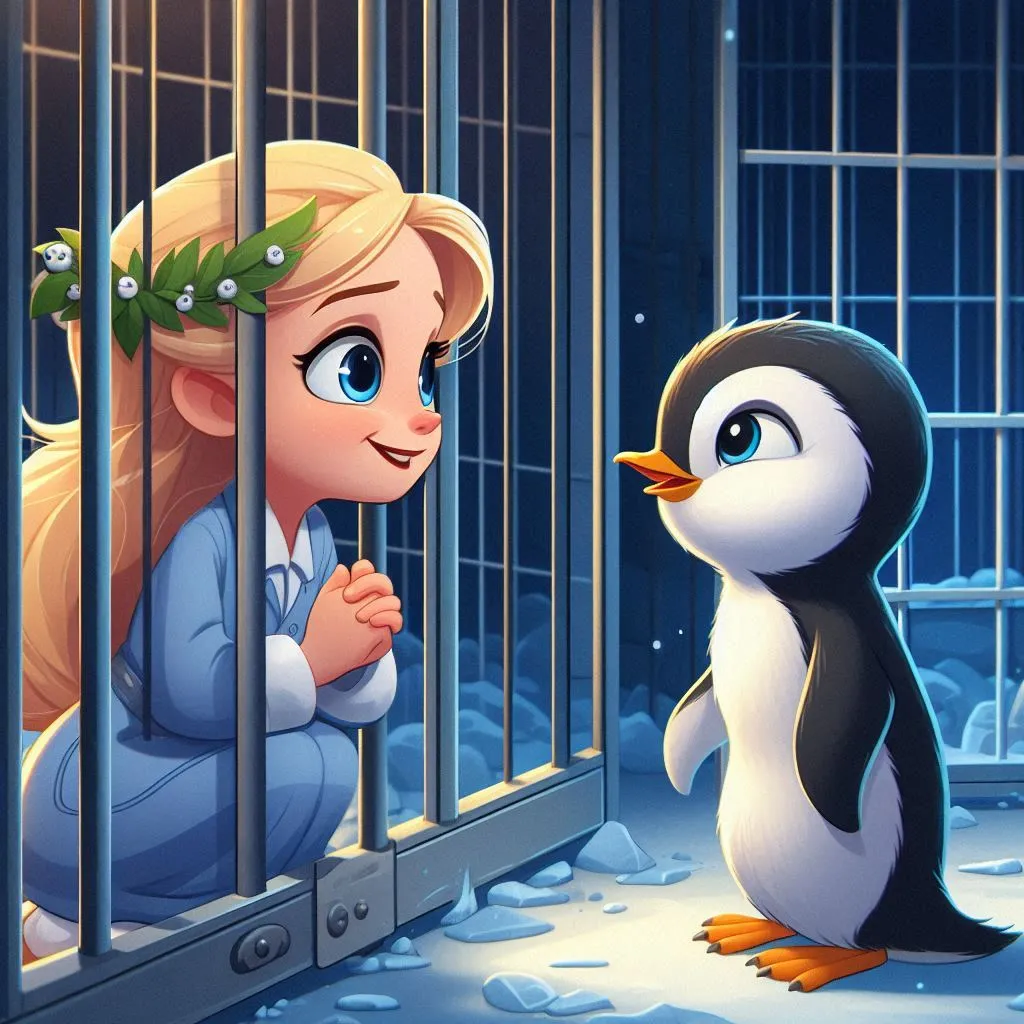 a little girl looking at a penguin in a cage