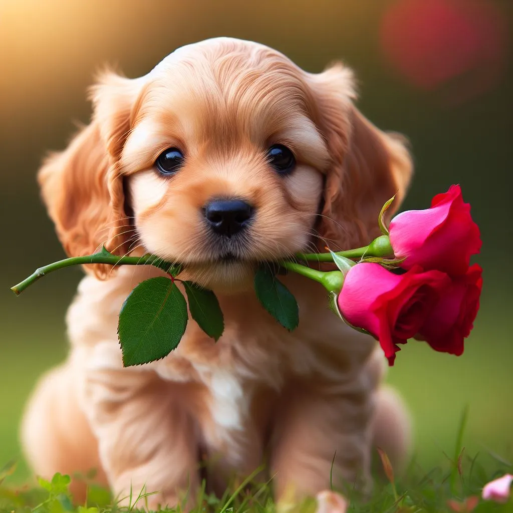 a puppy holding a rose in its mouth