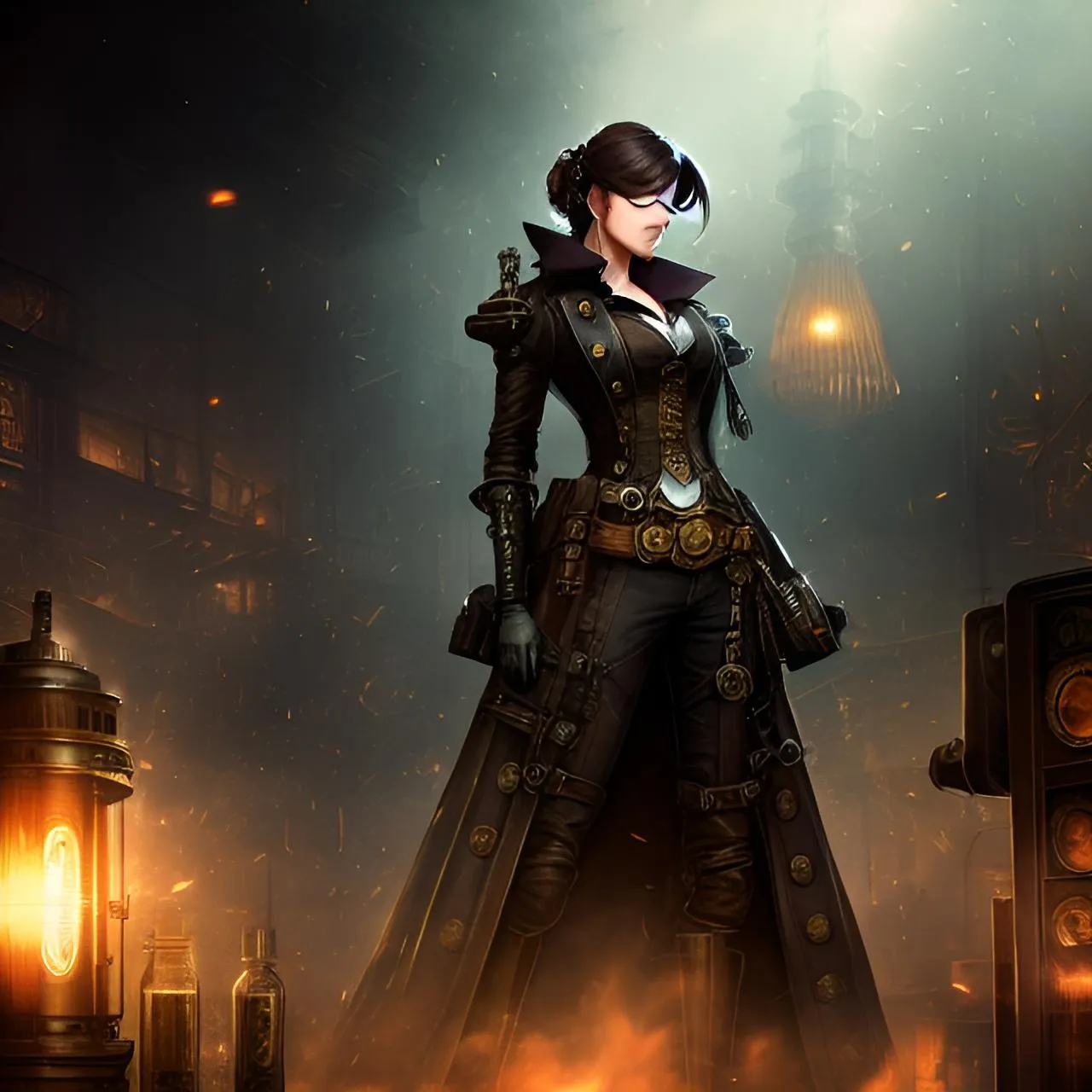 a woman in a steampunk outfit standing in front of a fire