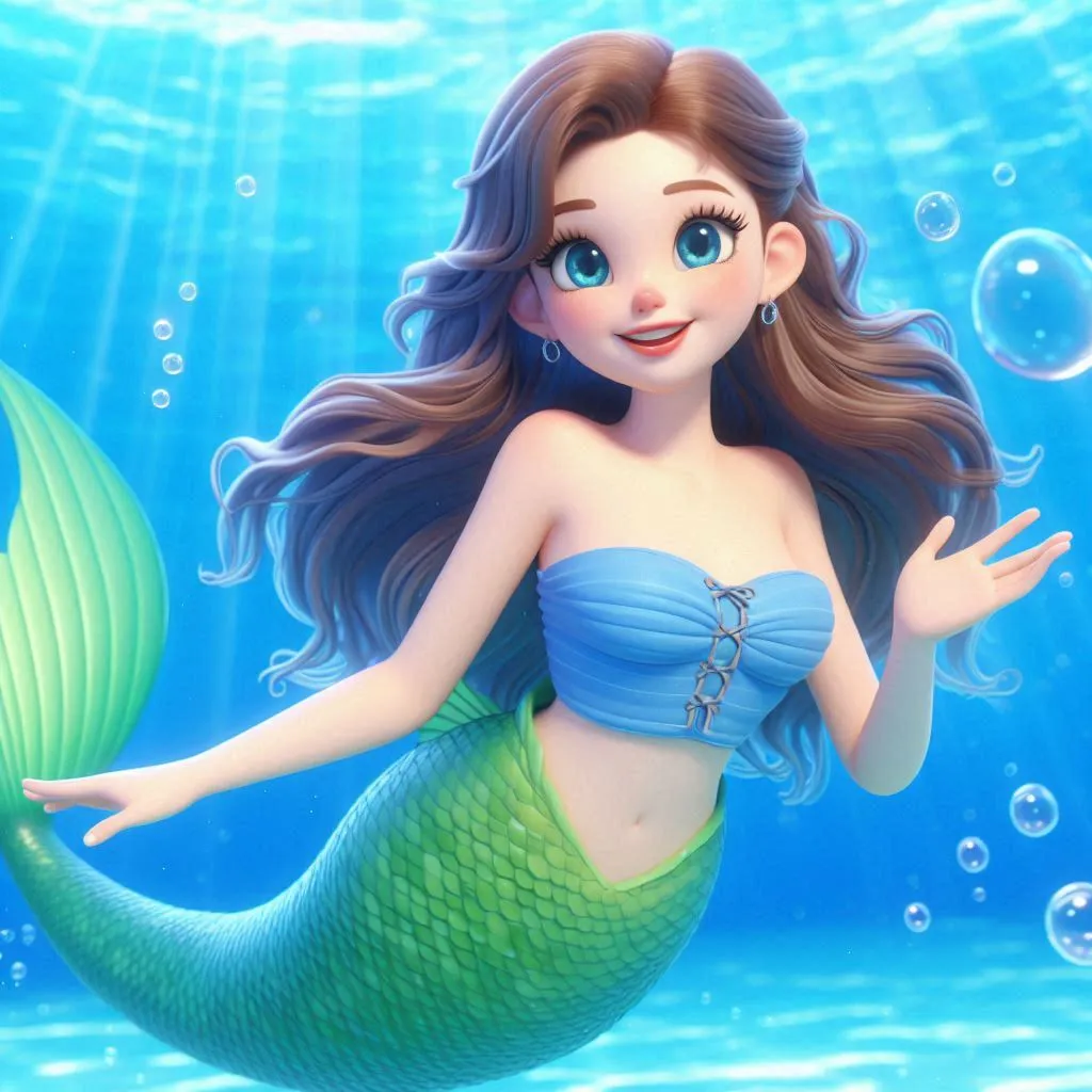 a beautiful mermaid wearing blue  tube blouse,  green  tail  happily swiiming under the sea 3D animation cartoon 