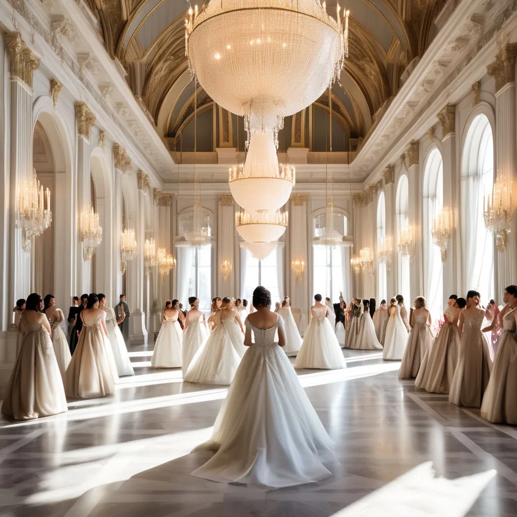 a large group of women in dresses standing in a room