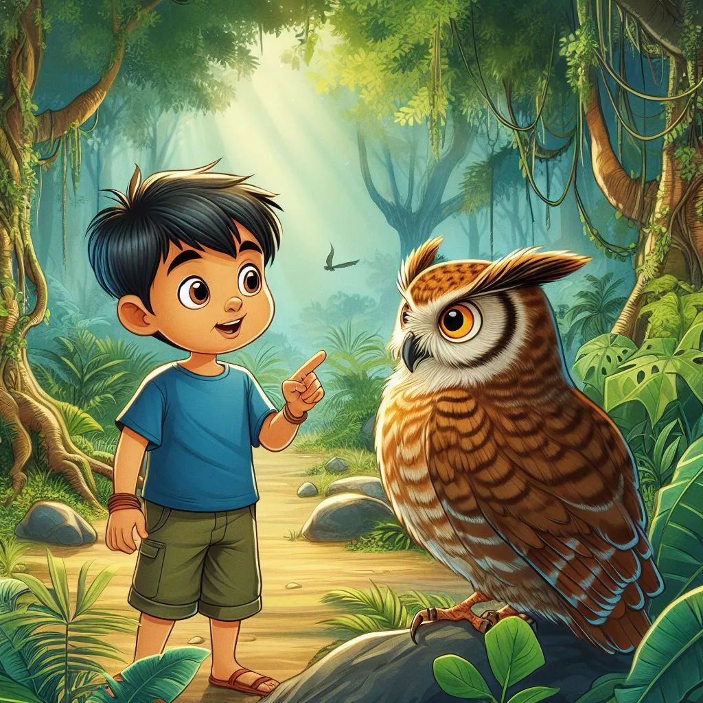 a boy pointing at an owl in a forest and owl talking