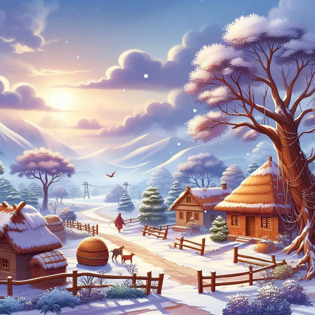 a painting of a winter scene with a snow covered village