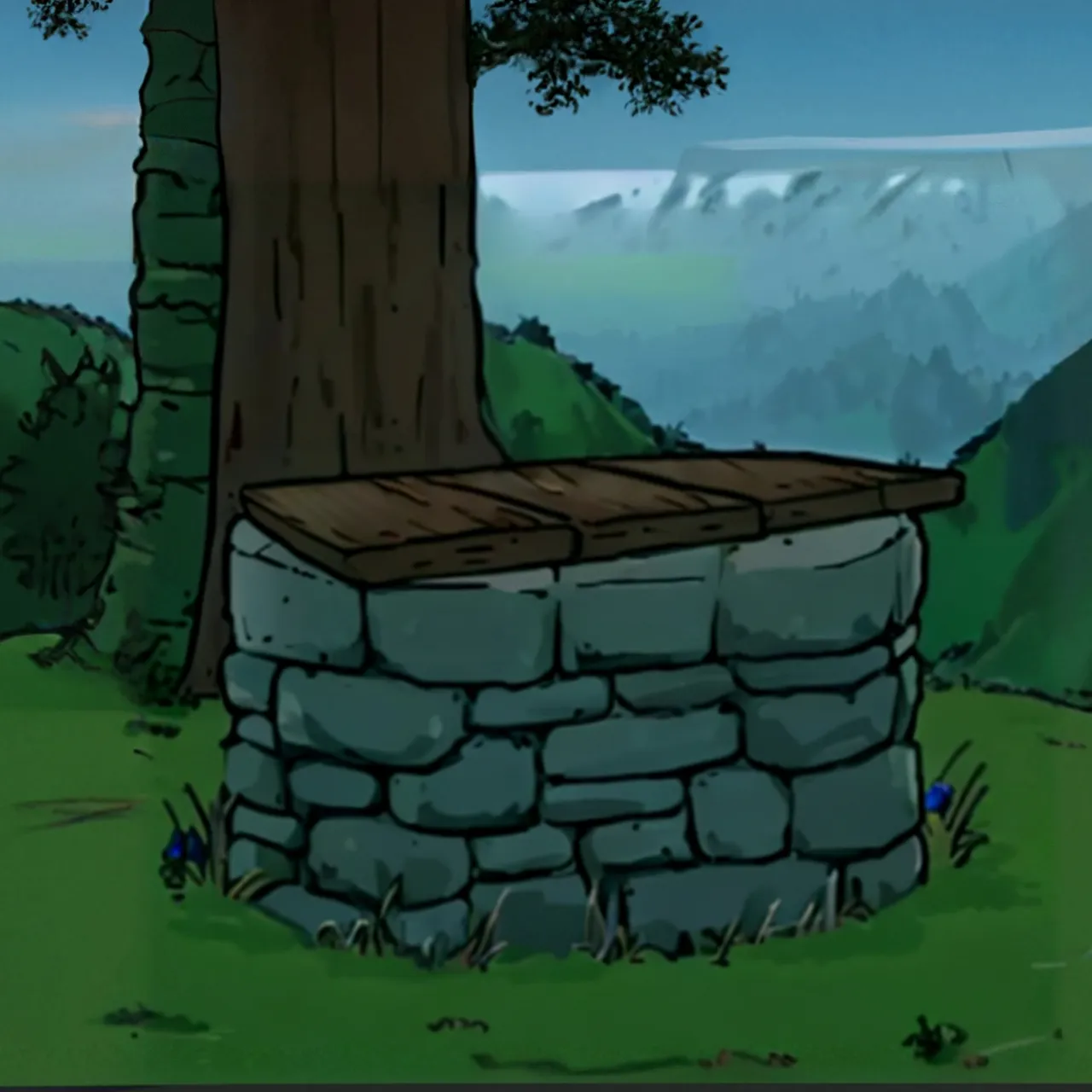 a cartoon picture of a tree and a stone wall