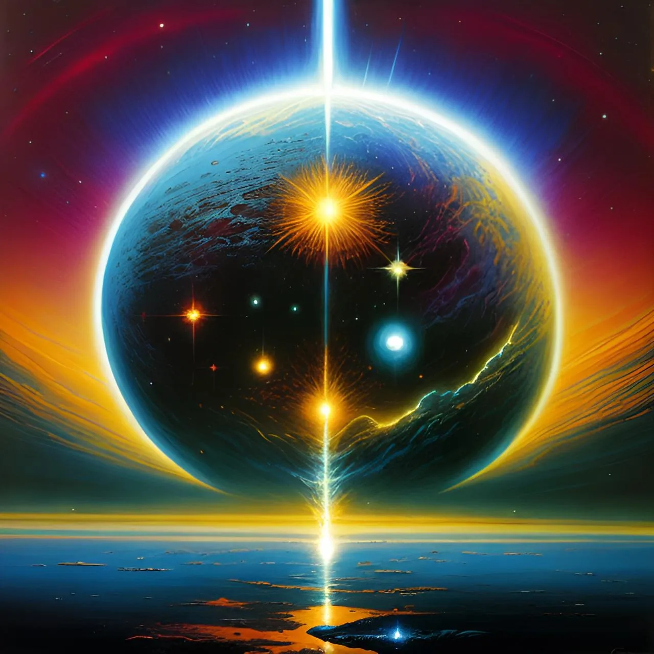 a painting of a space scene with a planet in the background