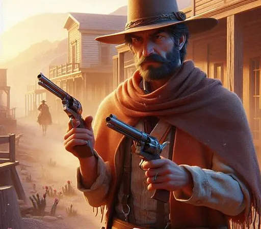 a man in a cowboy outfit holding two guns