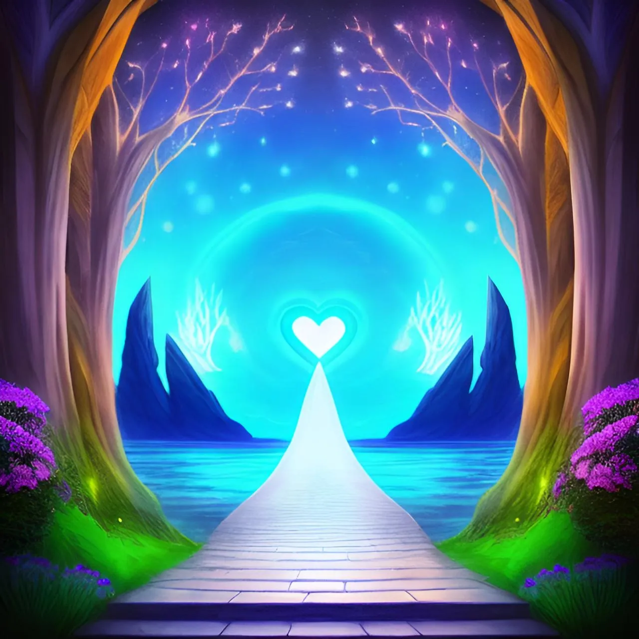 a painting of a path leading to a heart