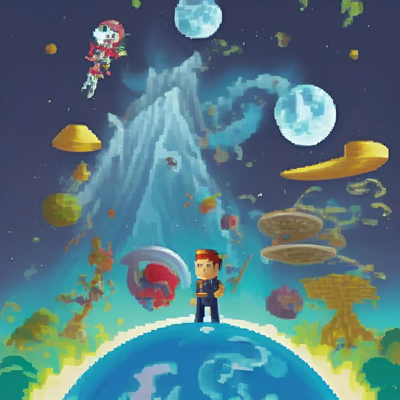 a man standing on top of a blue planet