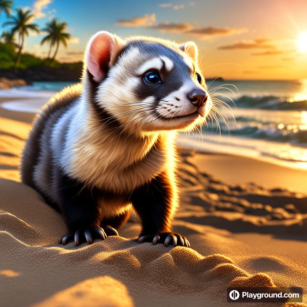 a painting of a ferret on a beach at sunset