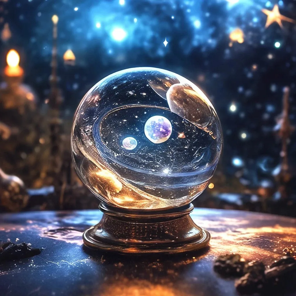 a glass ball with planets inside of it on a table