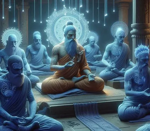 a group of people sitting in a room with buddha statues