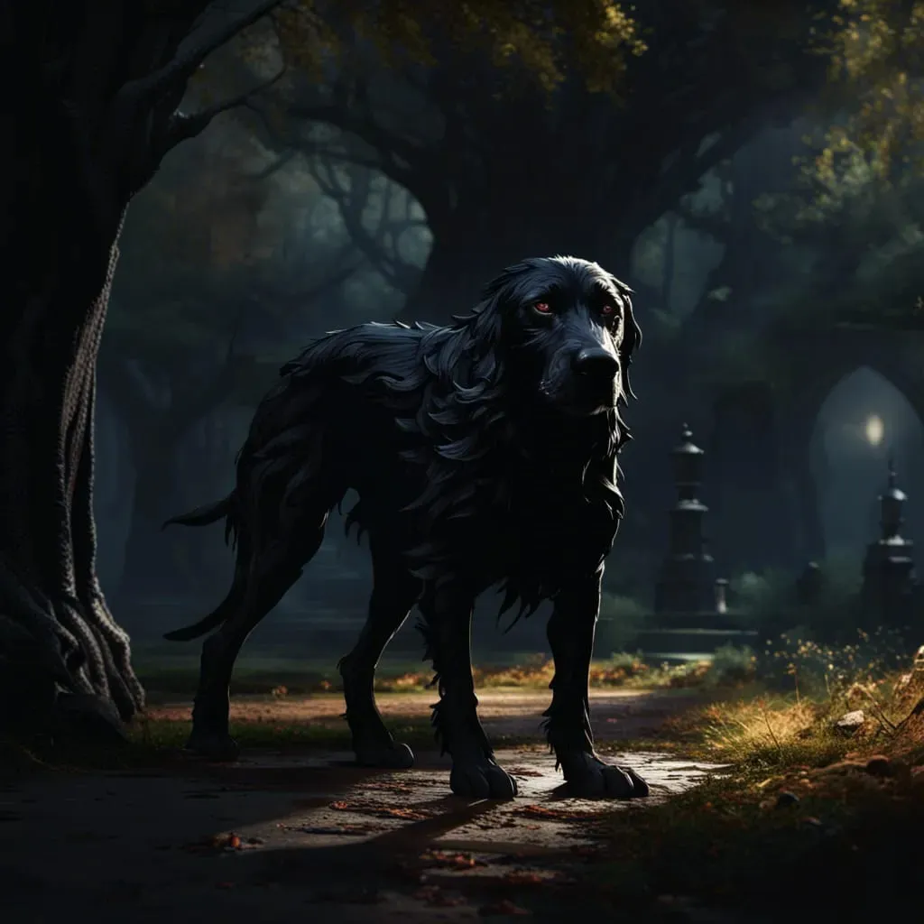 a large black dog standing next to a tree