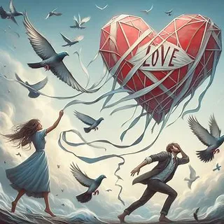 a painting of a man and a woman flying a heart shaped kite preserves the aesthetics of the image Both in aesthetics and in texture, as an impressionist painting in its style, all with two hands and two feet, not changing the scene, just giving it movement. 