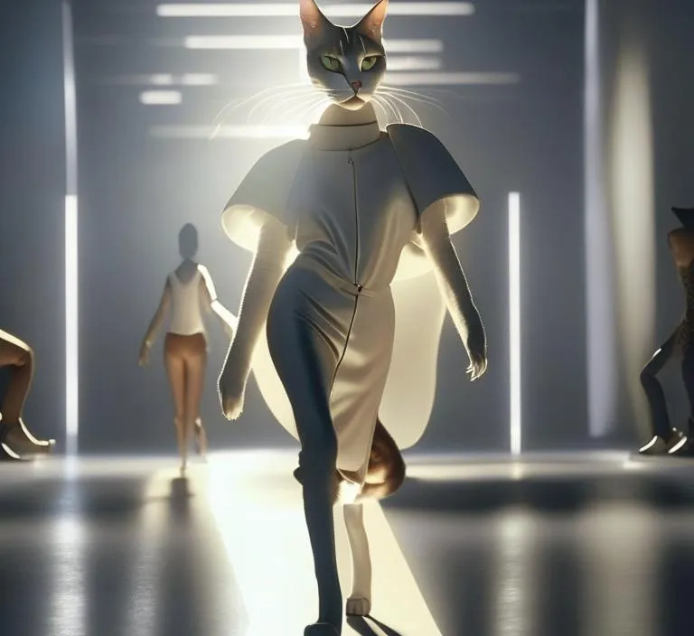 a cat walking down a runway in a white dress