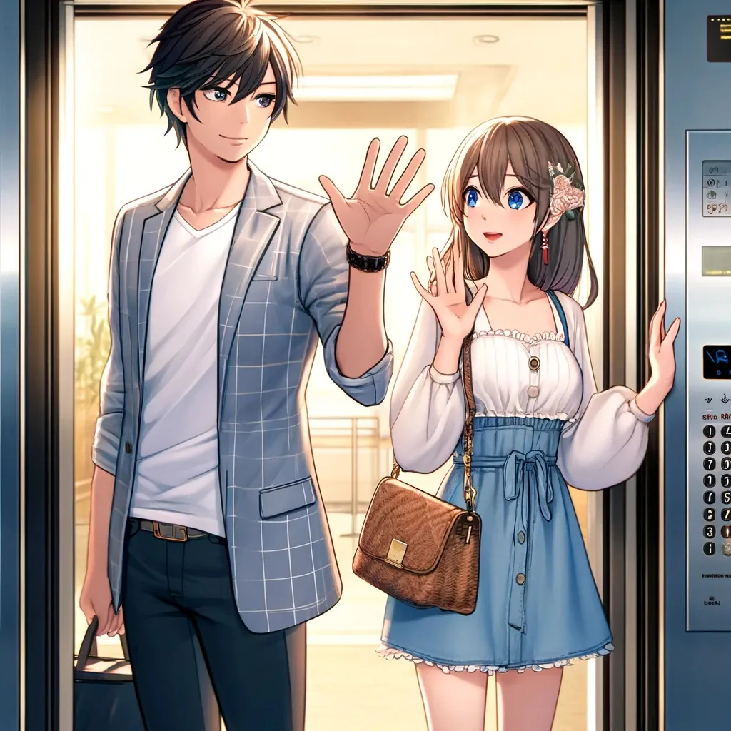 a man and a woman standing in front of an elevator