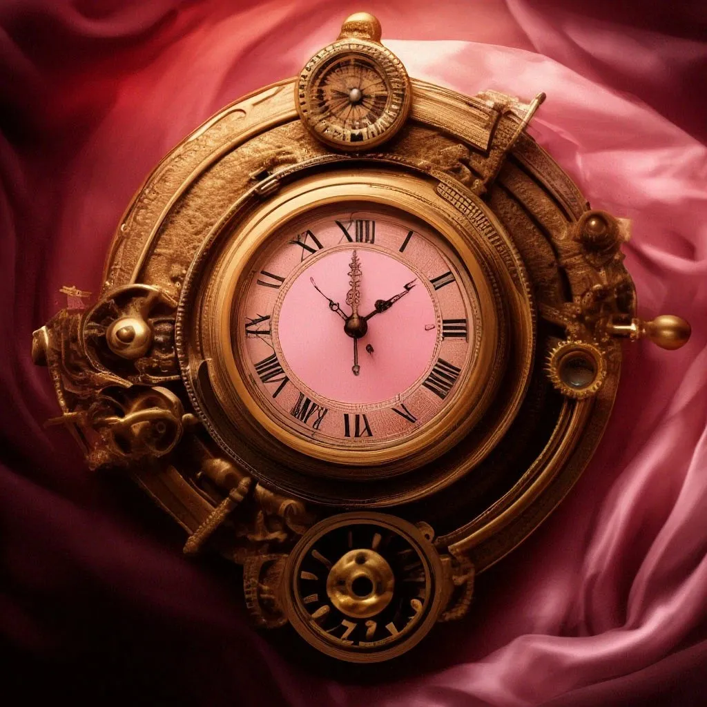 a gold clock with roman numerals and a pink background