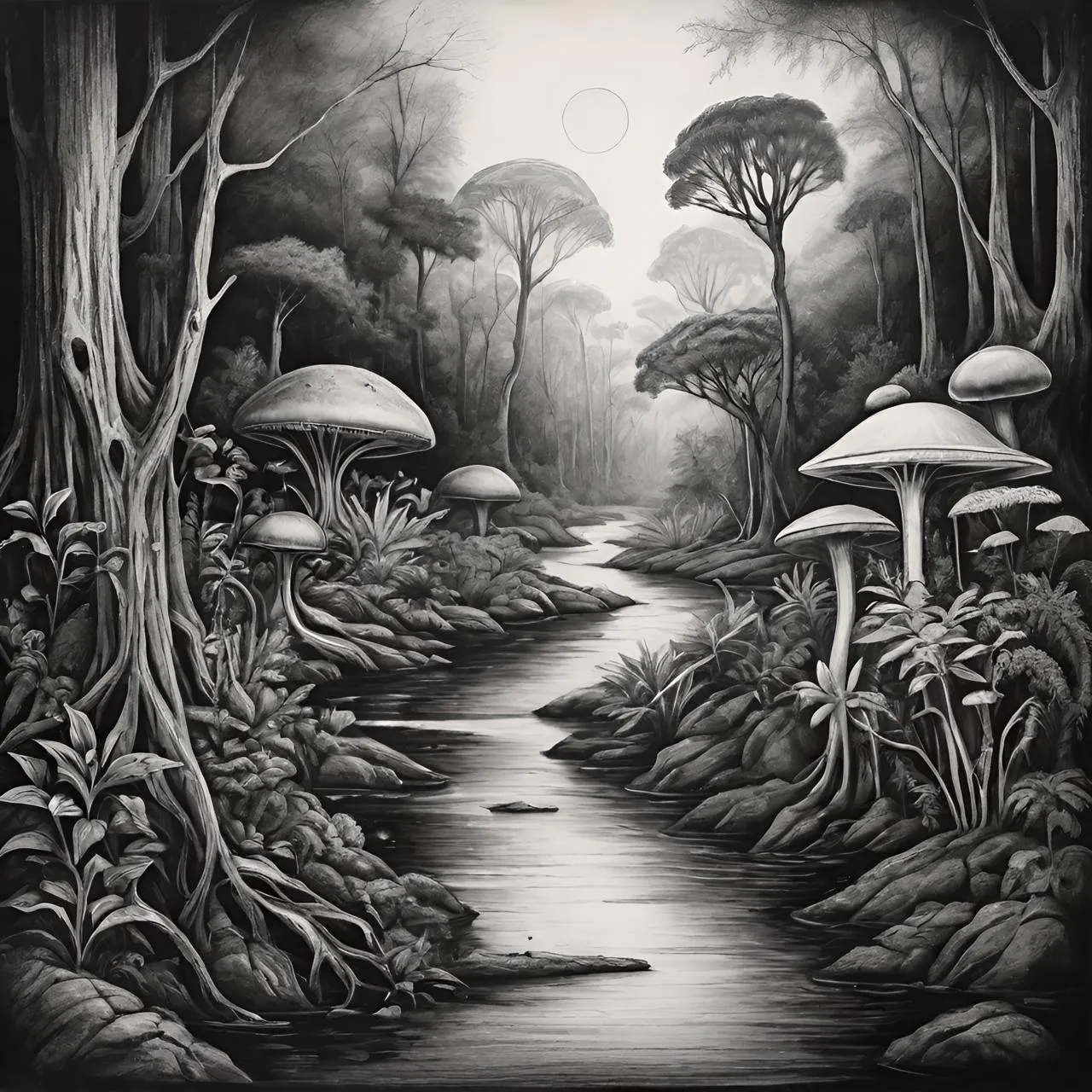 a black and white drawing of a forest