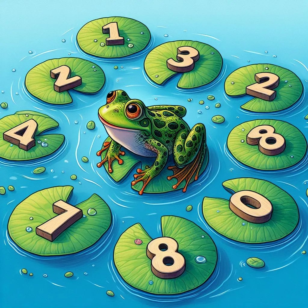 a frog sitting on top of a green lily pad. jumping on number 1