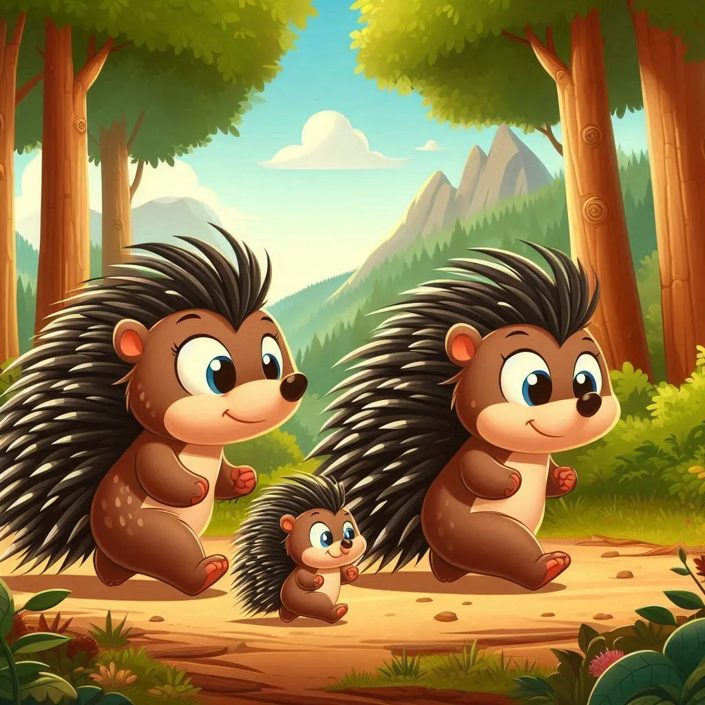 two hedgehogs in the forest with their babies