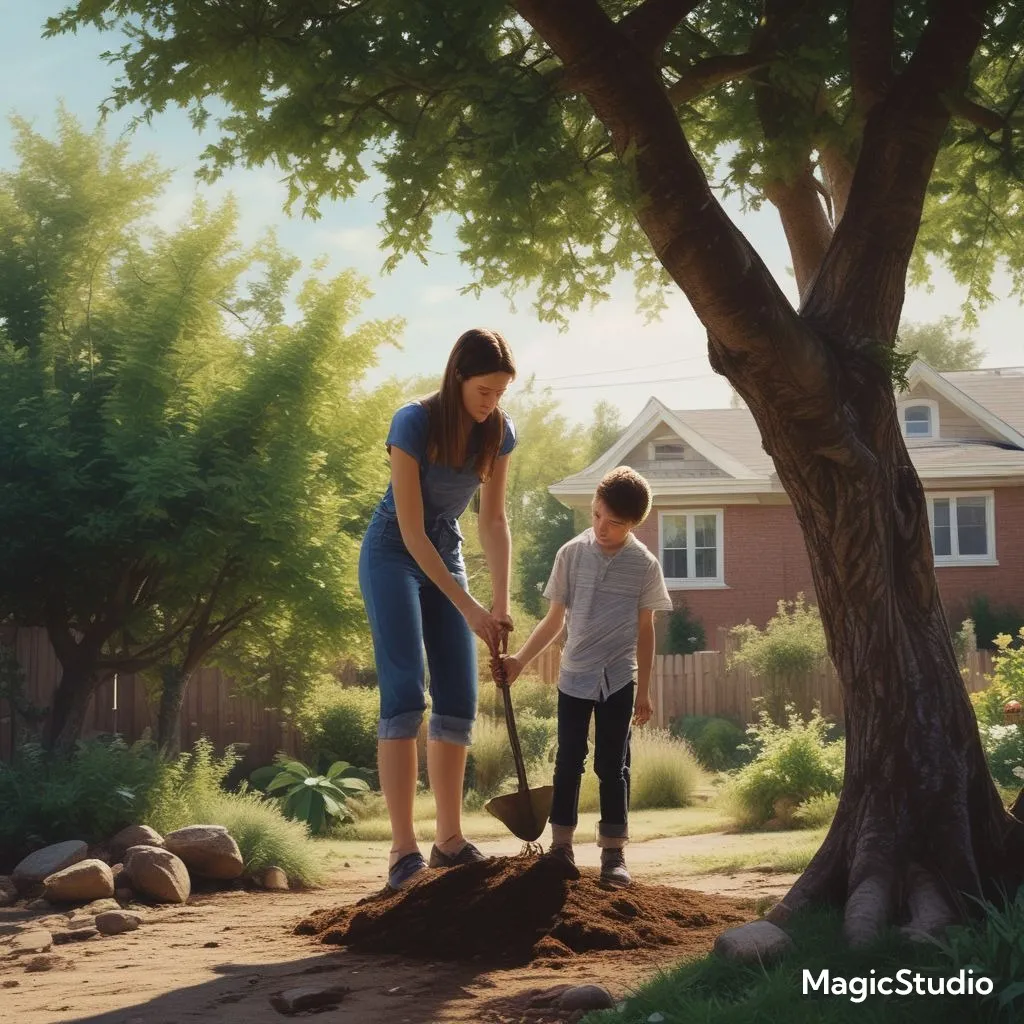 a woman and a boy are standing in the dirt near a tree, sun rays, detailed. cinematically dramatic, hyper realistic, cinematic view, stability