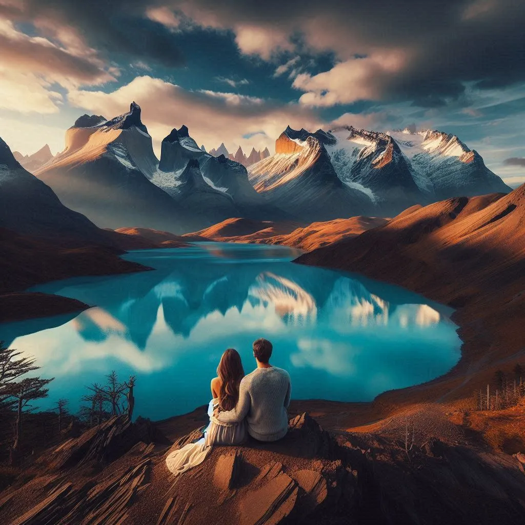 two people in love sitting on a rock looking at a lake