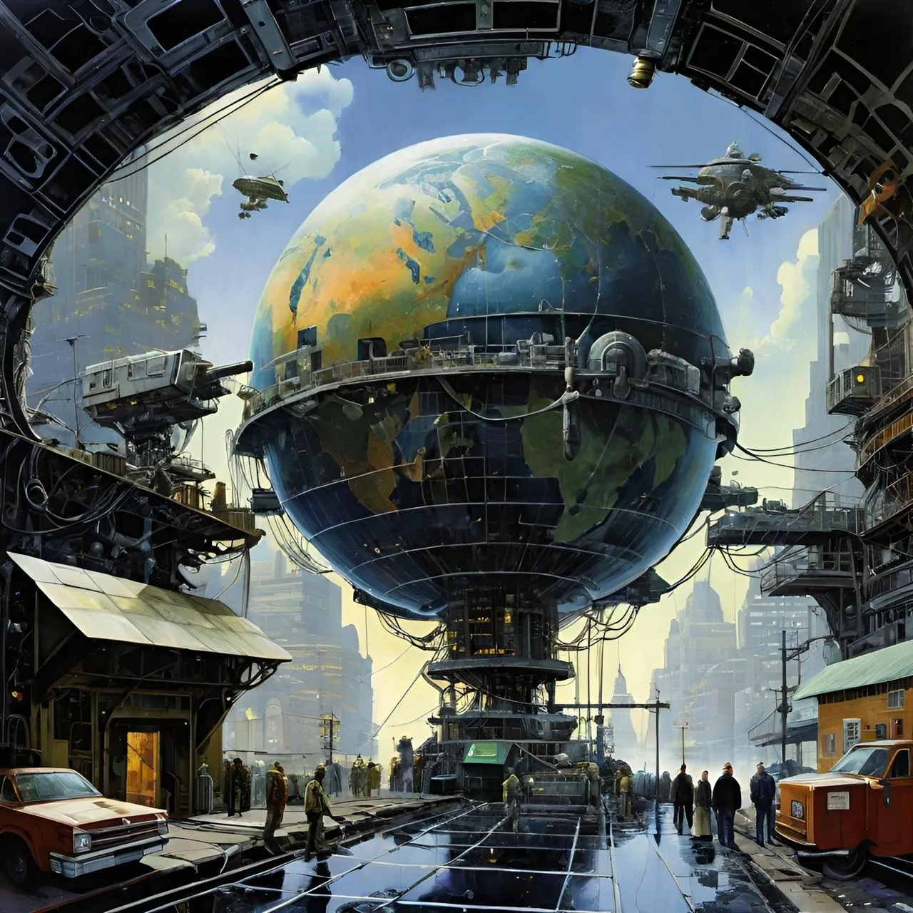 a painting of a futuristic city with a giant globe