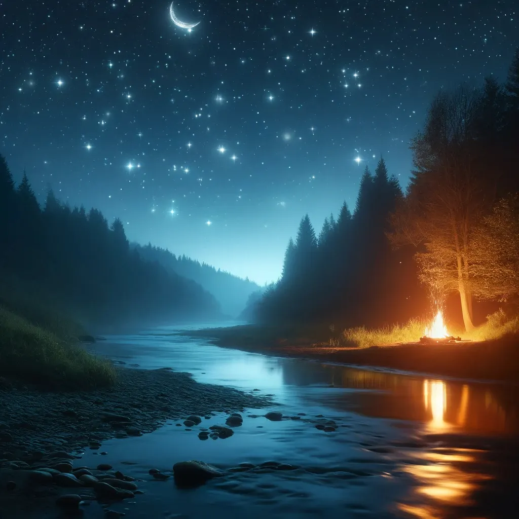 A hiker under a starry sky, following the curve of the Milky Way over a river