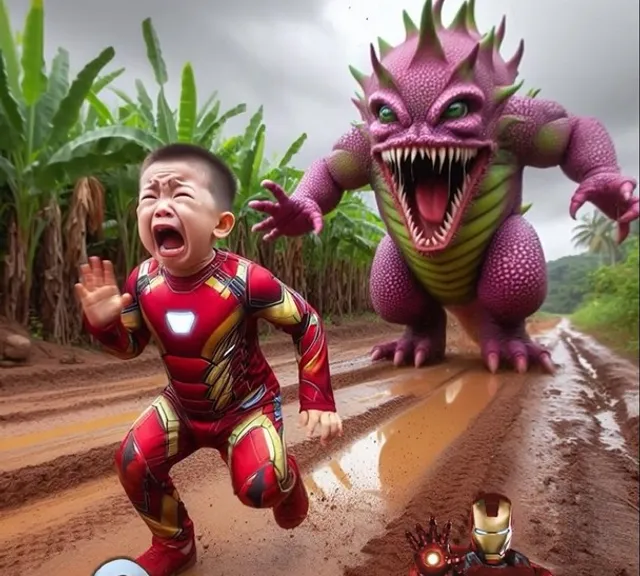 a little ironman running away from giant fruit monster