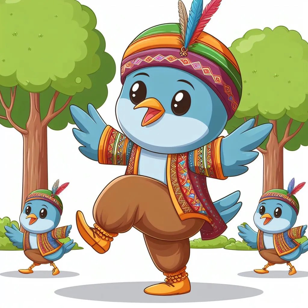 a blue bird wearing a colorful headdress and standing next to two small birds