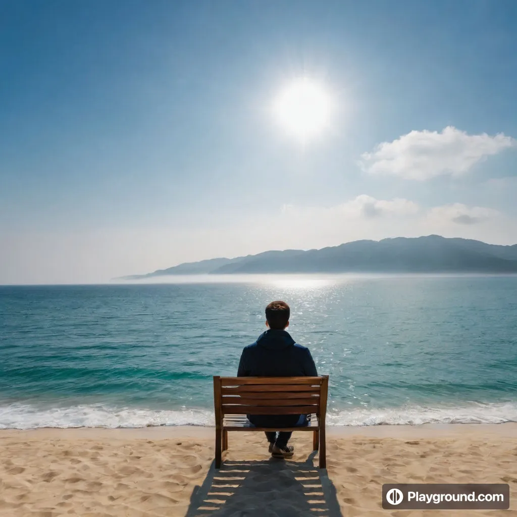 a man sitting on a bench on the beach