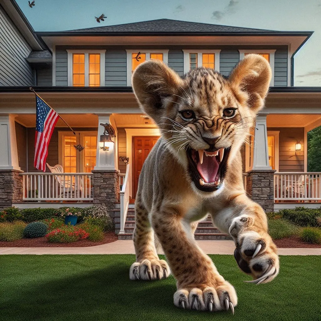 a baby lion running across a lush green field