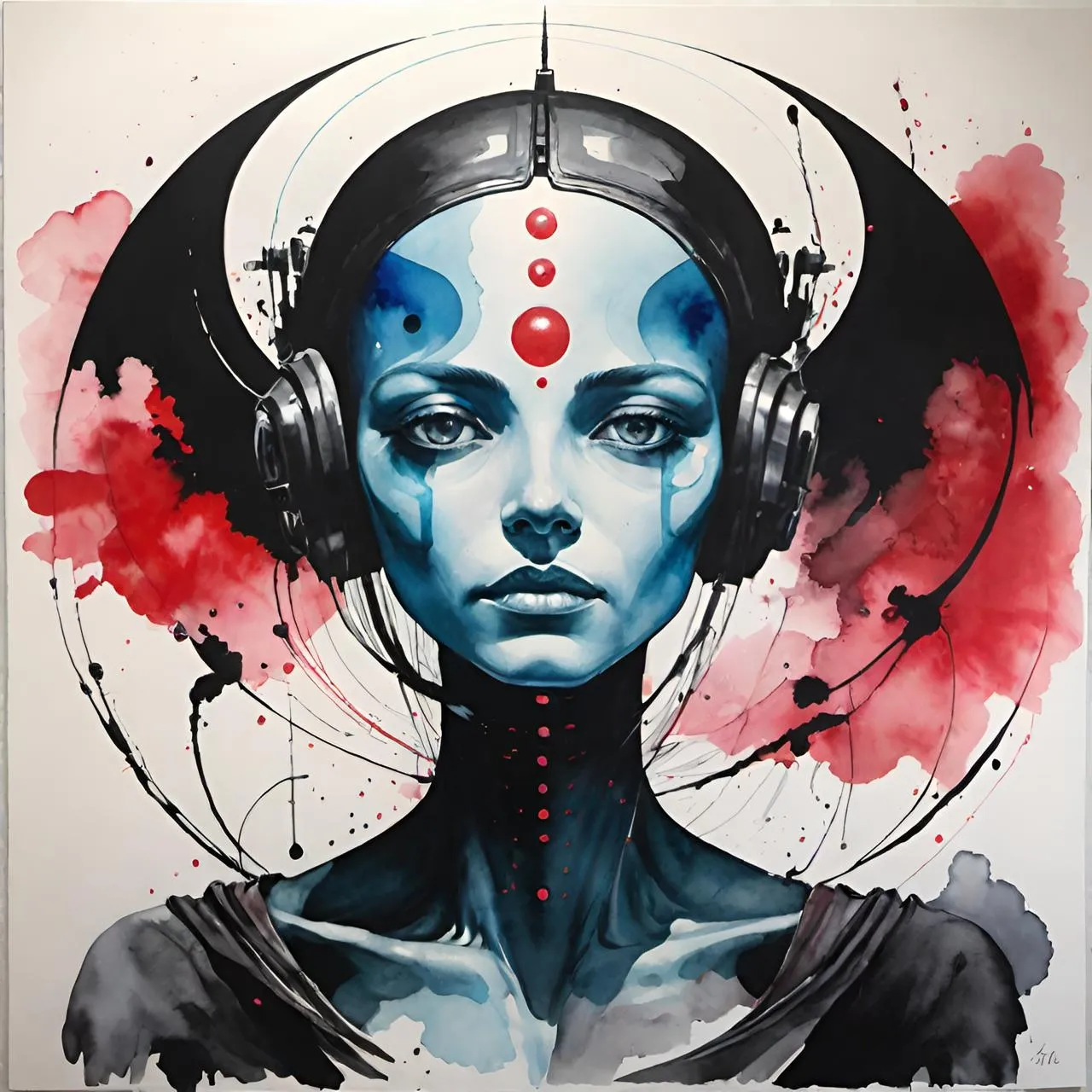 a painting of a woman with headphones on