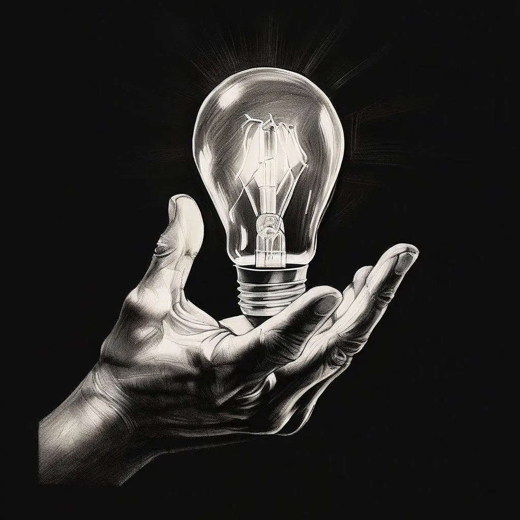 a drawing of a hand holding a light bulb