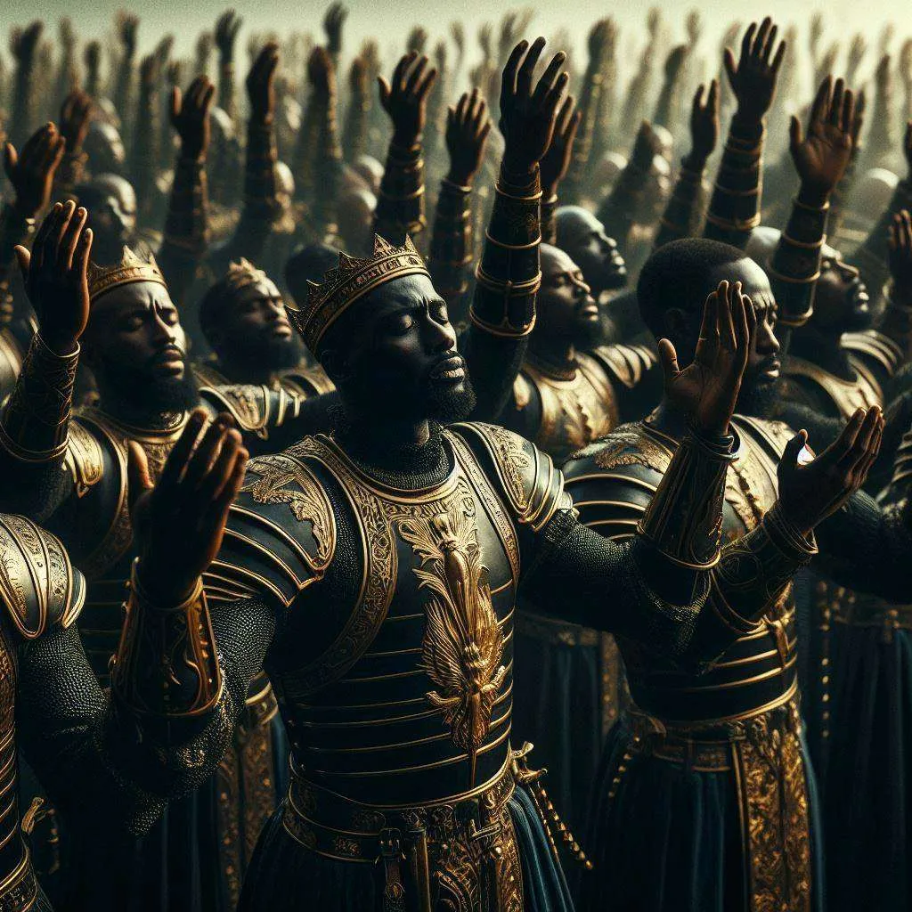 black knights praying with their hands lifted before going to war, advertising style