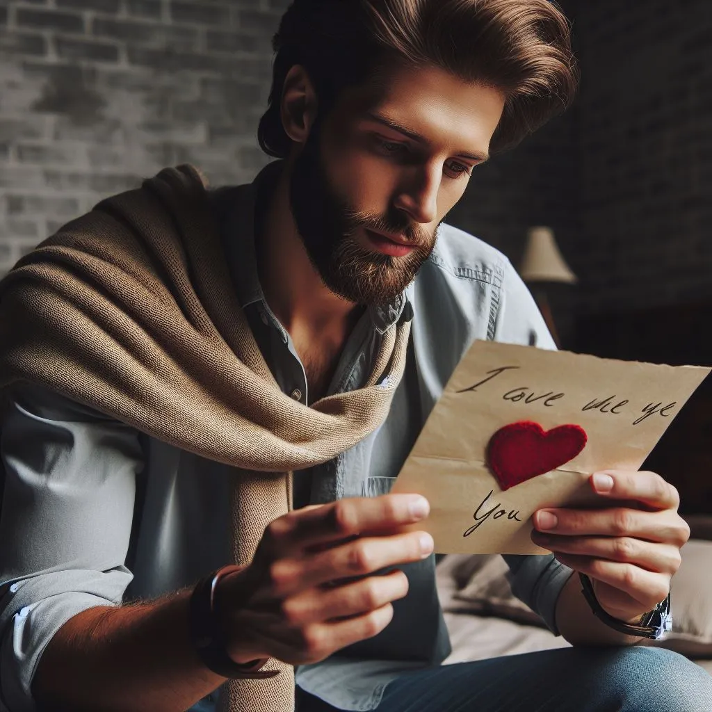 a man holding a piece of paper with a heart on it