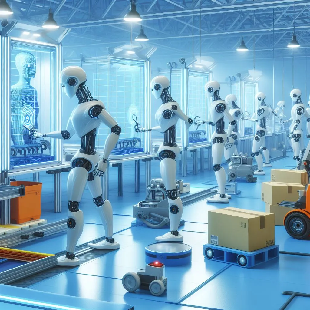 a group of robots moving around a factory