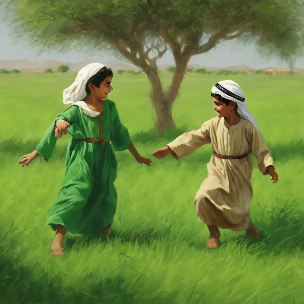 a painting of two people holding hands in a field