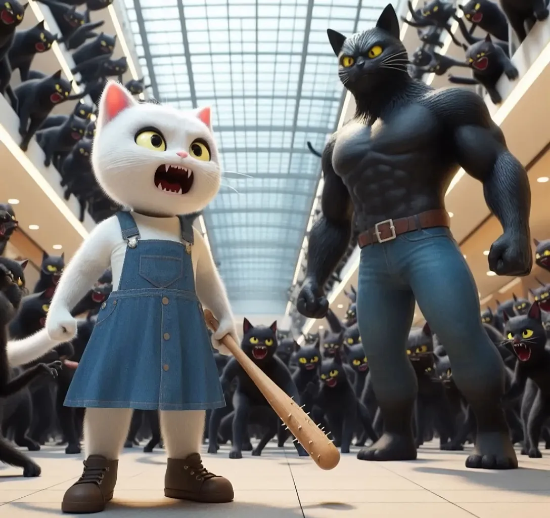 a cartoon character holding a baseball bat next to a cat