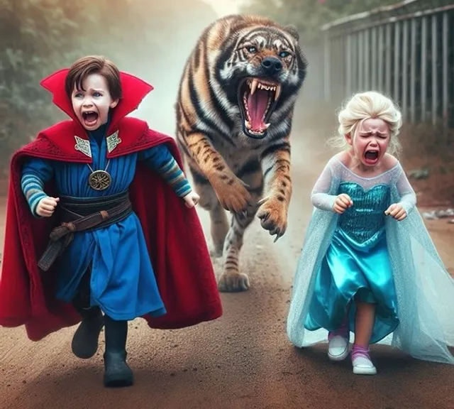 a little doctor strange and elza   running away from huge wolf