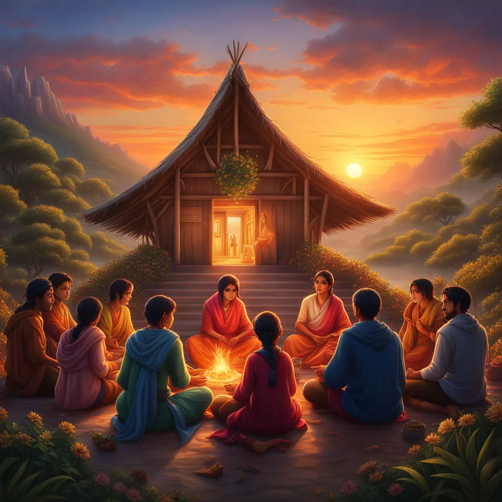 a painting of a group of people sitting around a fire