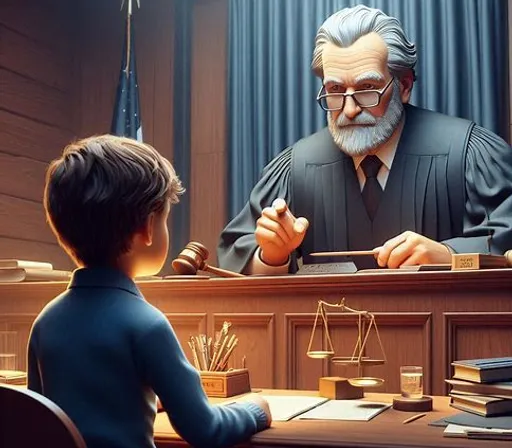 a little boy sitting at a desk in front of a judge