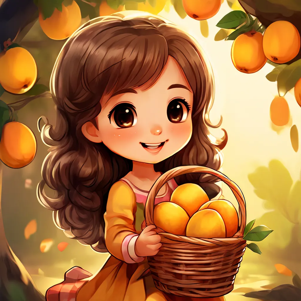 a little girl holding a basket of mangos