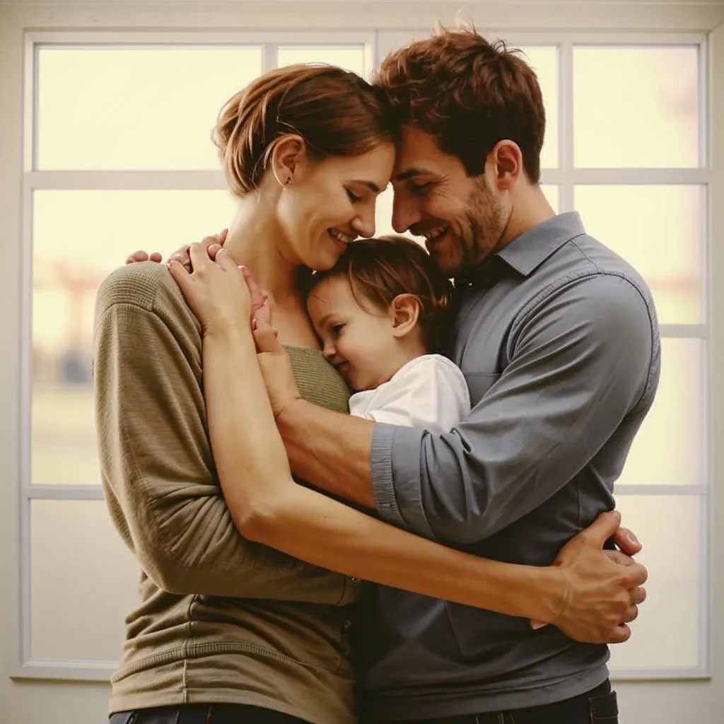 a man and a woman hugging each other in front of a window