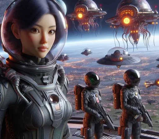 a woman in a space suit standing in front of a group of aliens