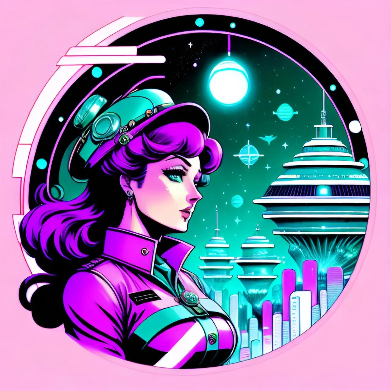 a woman in a space suit with a futuristic city in the background