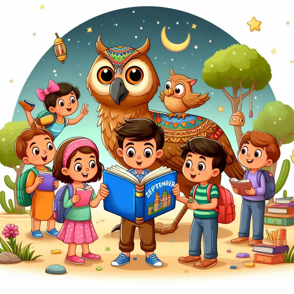 a group of children standing around an owl reading a book