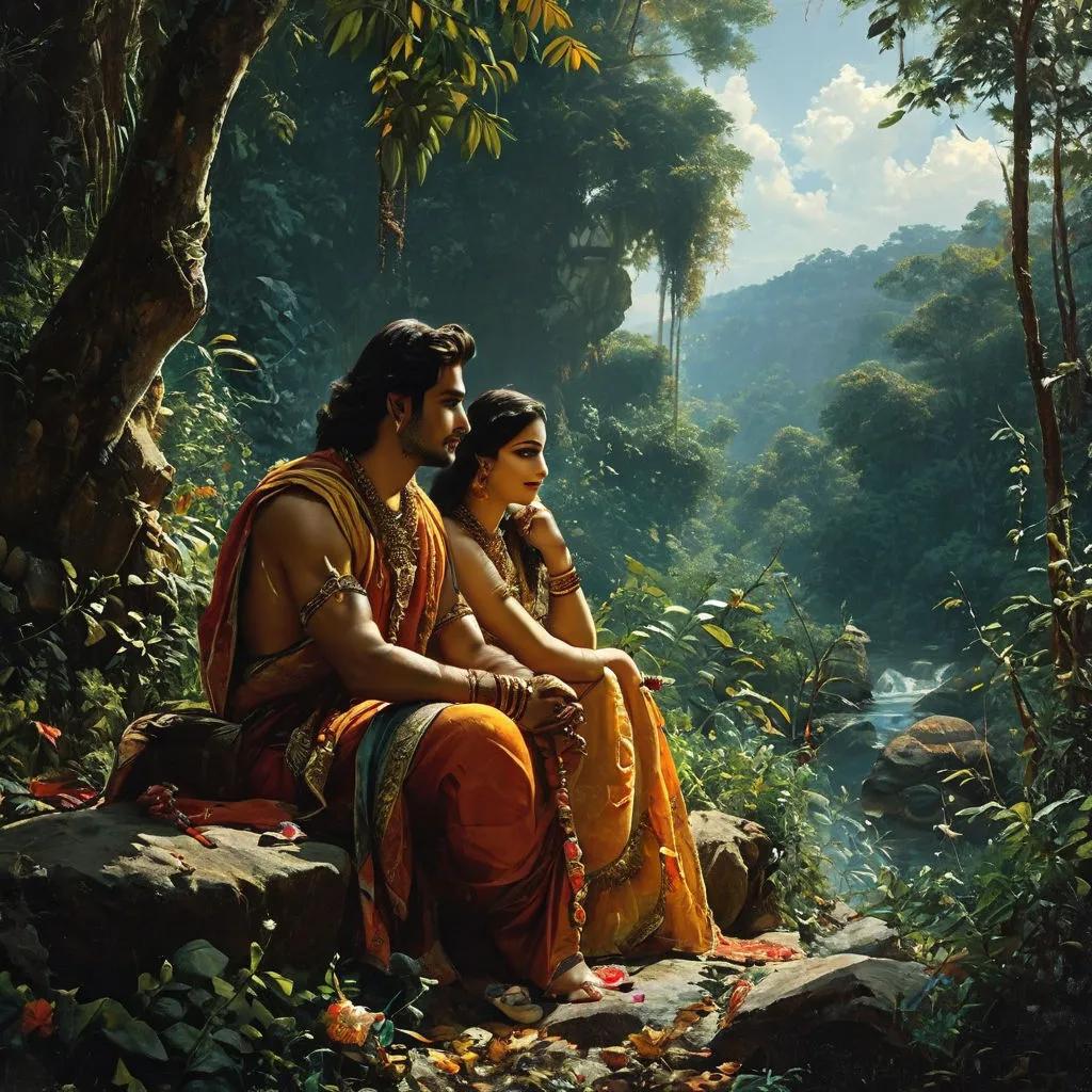 a painting of two people sitting on a rock